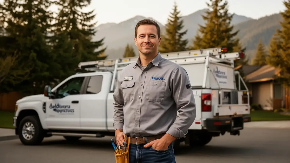 Local service contractor in front of a work truck